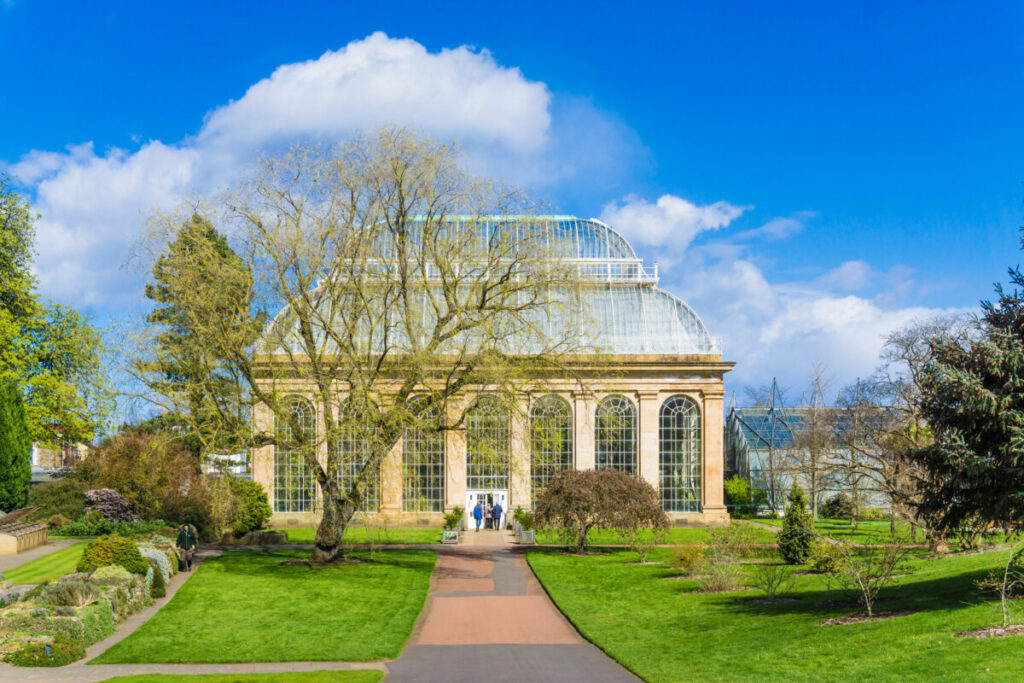 Front and exterior of the glasshouse at the Royal Botanical Garden, Edinburgh , Scotland