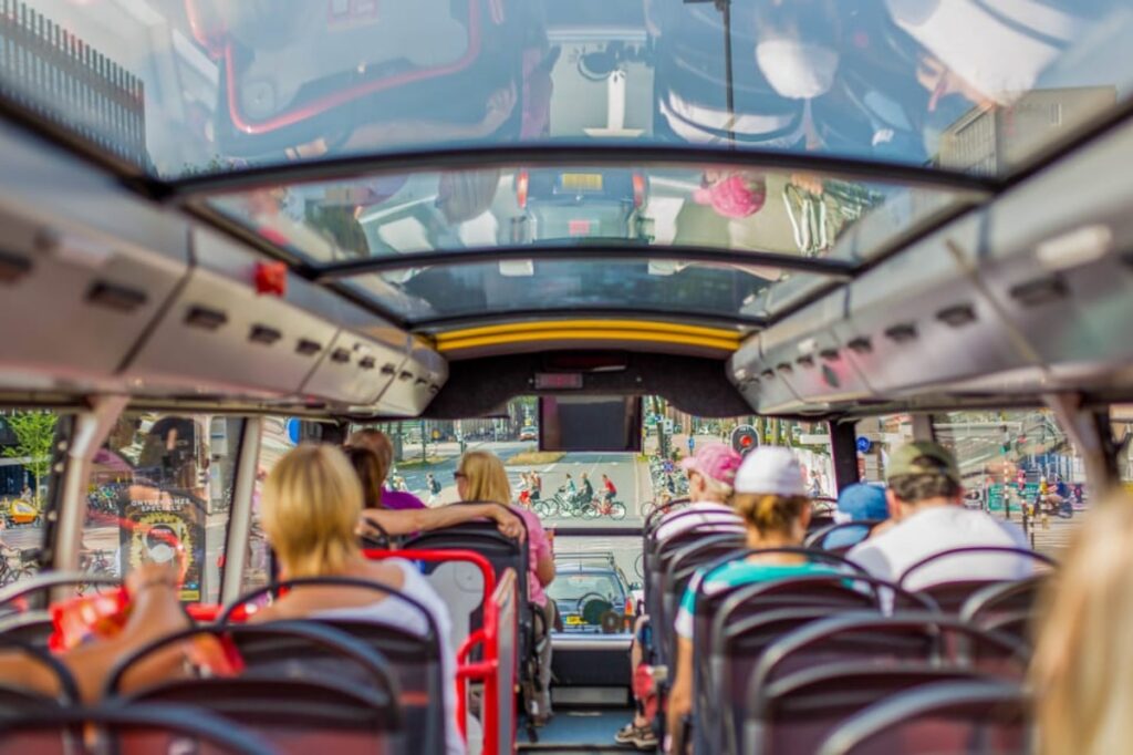 Top of a double decker sightseeing Amsterdam tour bus
