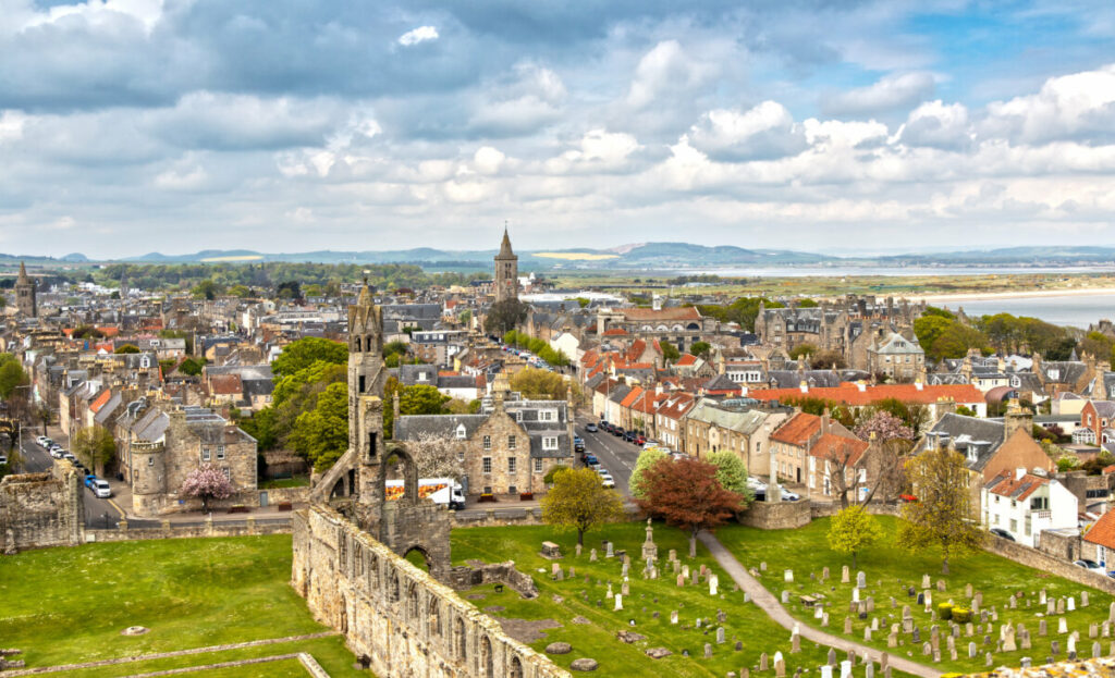 Aerial view of the St Andrews townscape in Scotland