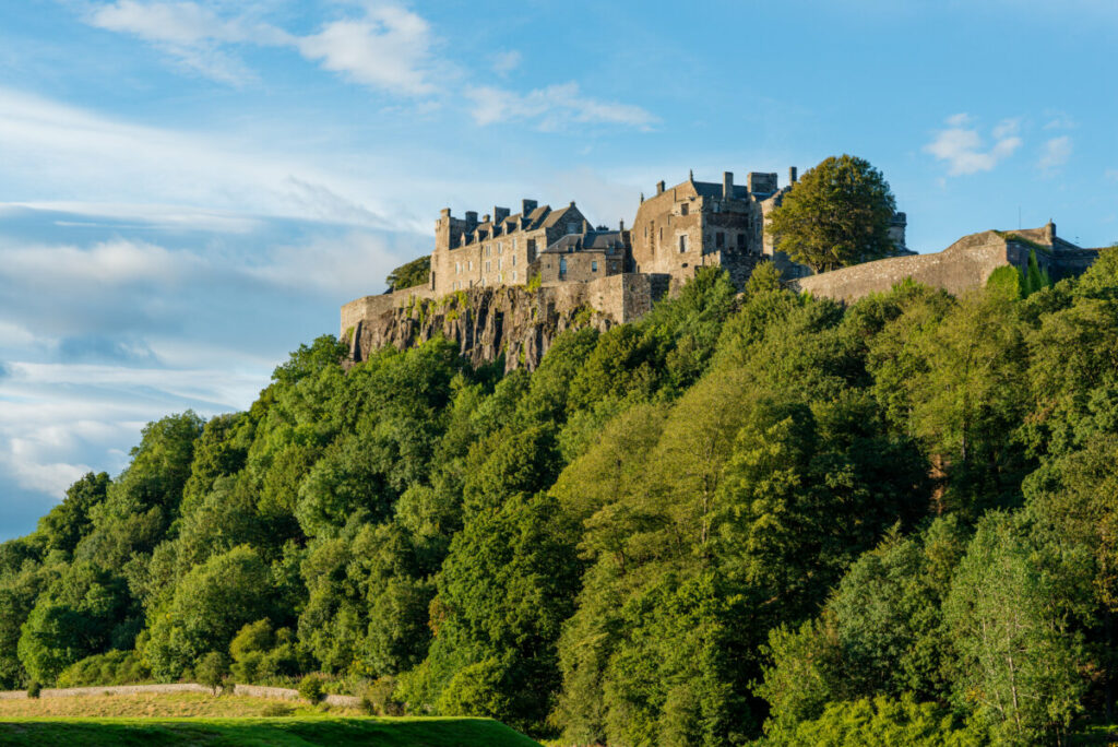 Panoramic view of Stirling Castle perched atop a hill, showcasing its historic architecture in Stirling, Scotland