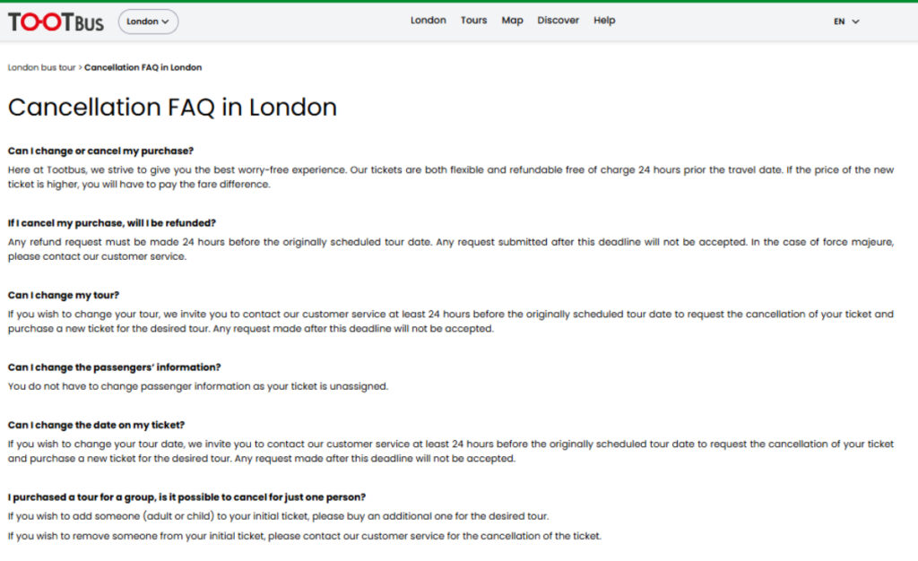 Tootbus Cancellation and Refund FAQ page