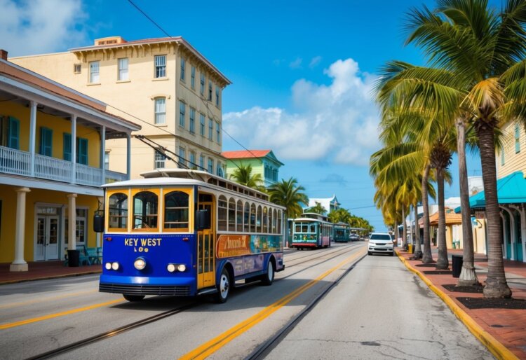 A colorful trolley winds through the streets of Key West, passing by historic buildings and palm-lined roads