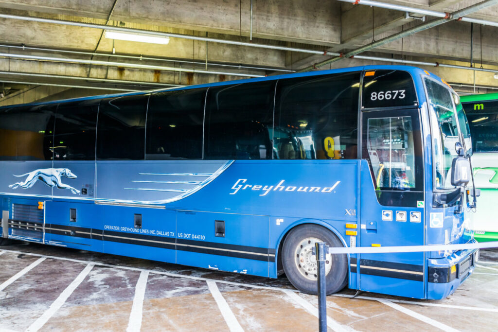 Greyhound Bus parked inside the Union Station in Washington DC, USA